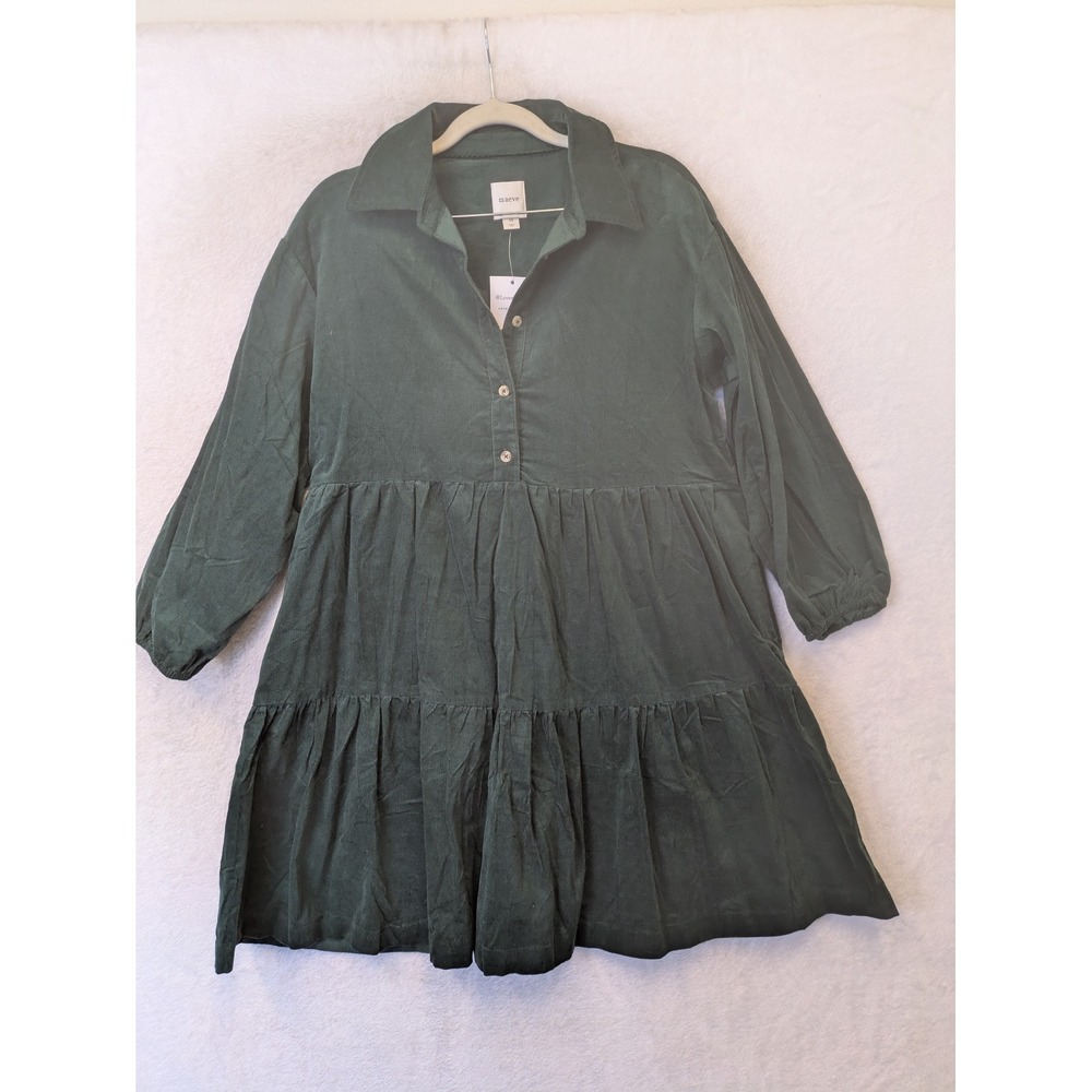 NEW Maeve Dress Women's XS Dark Green Corduroy Tiered Button Front Long Sleeve